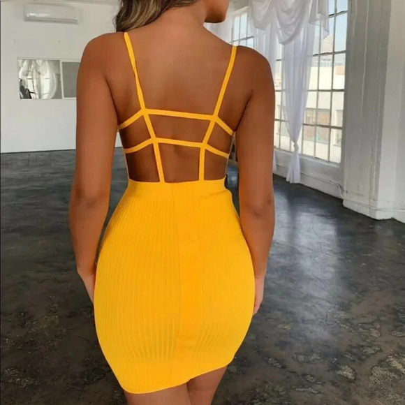 NEW! Yellow Ribbed Bandage Cut Out Strappy Cage Back Bodycon Dress - Picture 2 of 11